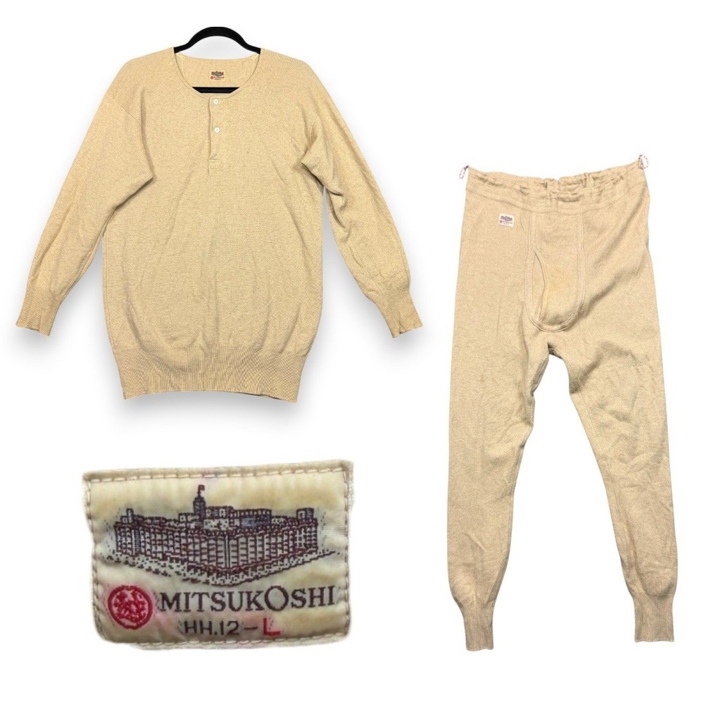 Mitsukoshi Thermal Set Mens L Beige Wool Henley Top Leggings Long Johns Japan